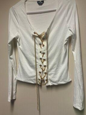 Chic Me White Long-Sleeve Lace-Up Top with Gold Chain Accents